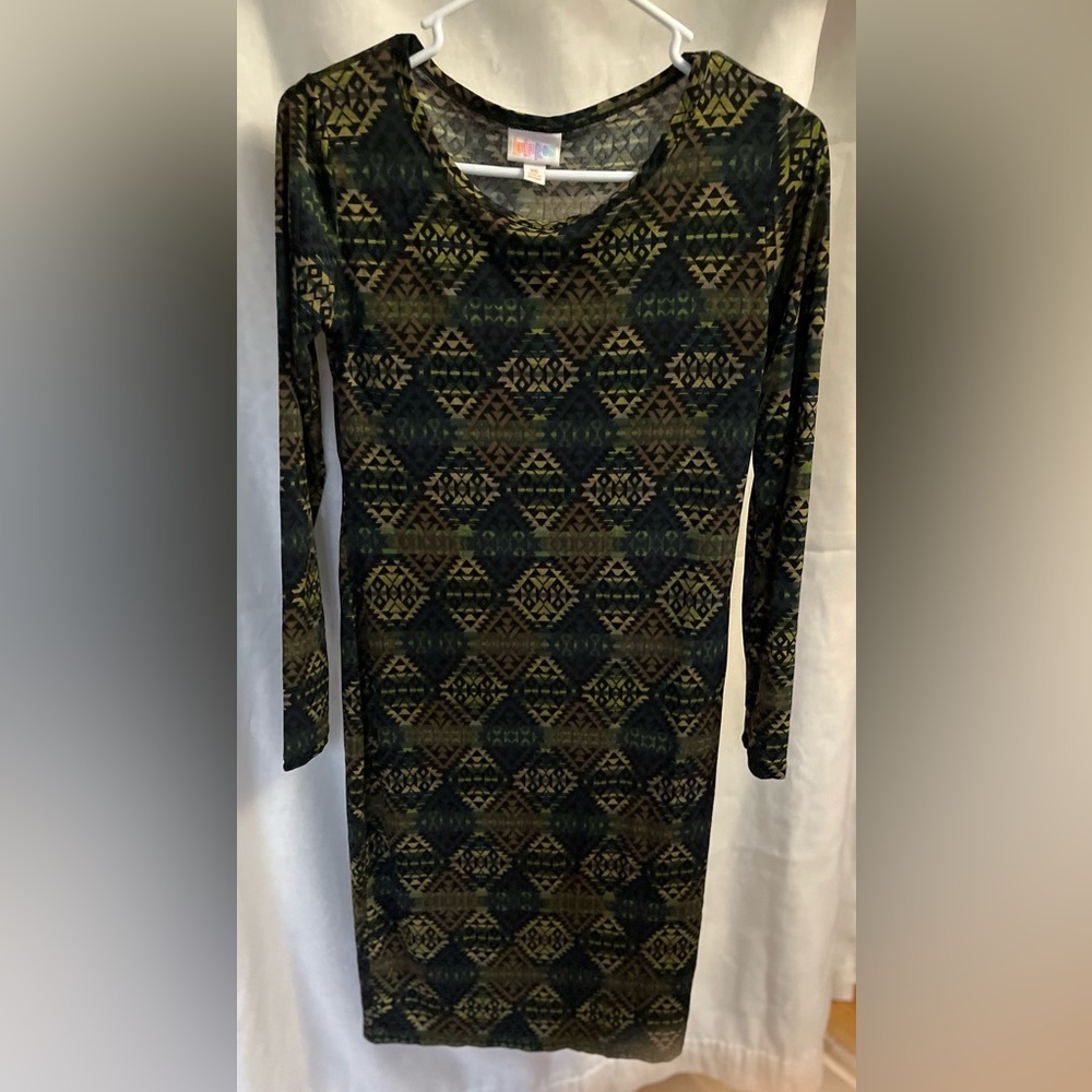 LulaRoe XS/ long sleeve bodycon knee length dress/ green,blue,tan,black